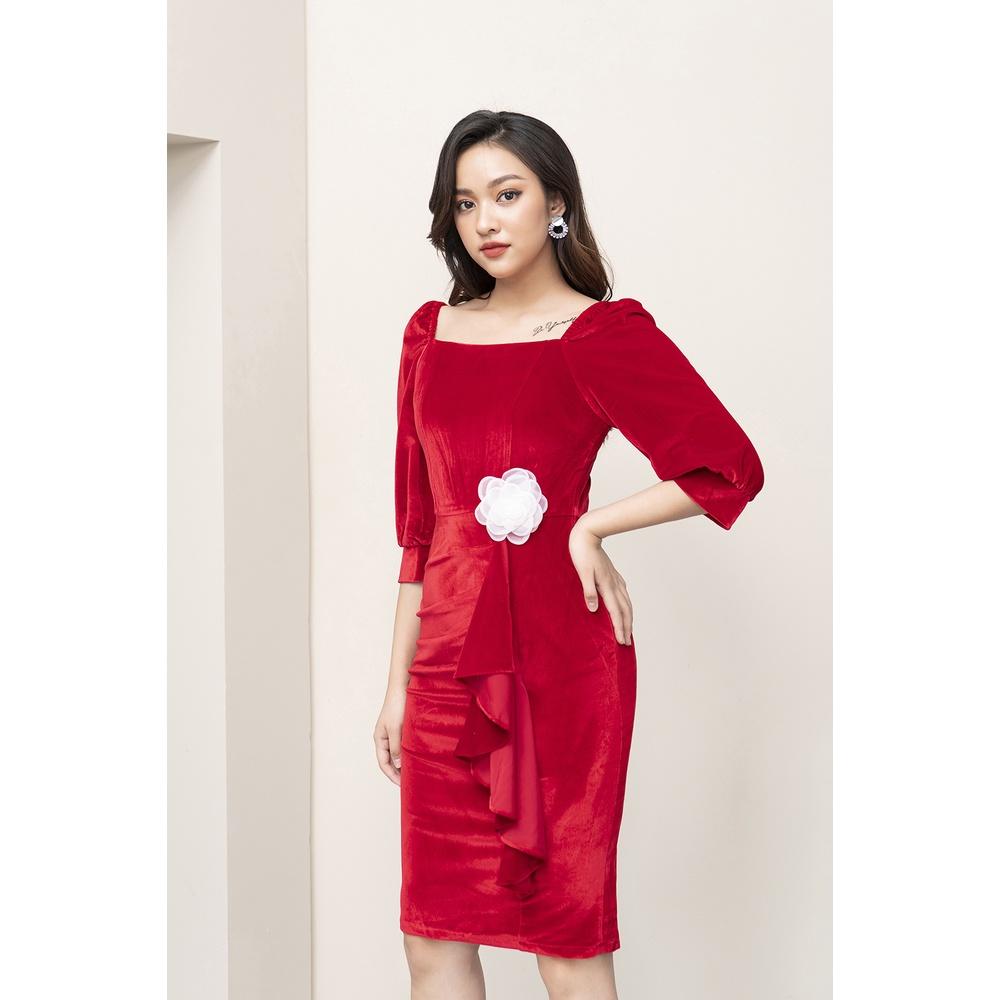 Đầm Nữ LUPERI LFV3120 Dáng Ôm Chân Bèo Đính Hoa Trà Tay Lỡ