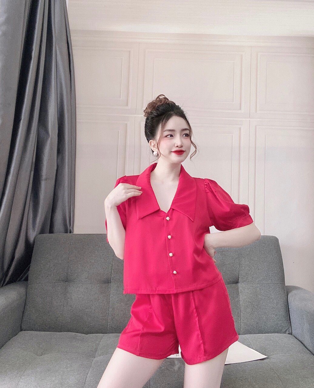 [5 màu] Bộ nữ mặc nhà - Bộ Sen Nhọn Tay Ngắn Quần Ngắn Lụa LATIN Đẹp, Mát, Ít Nhăn, Đường May Đẹp-SN003N - HELI