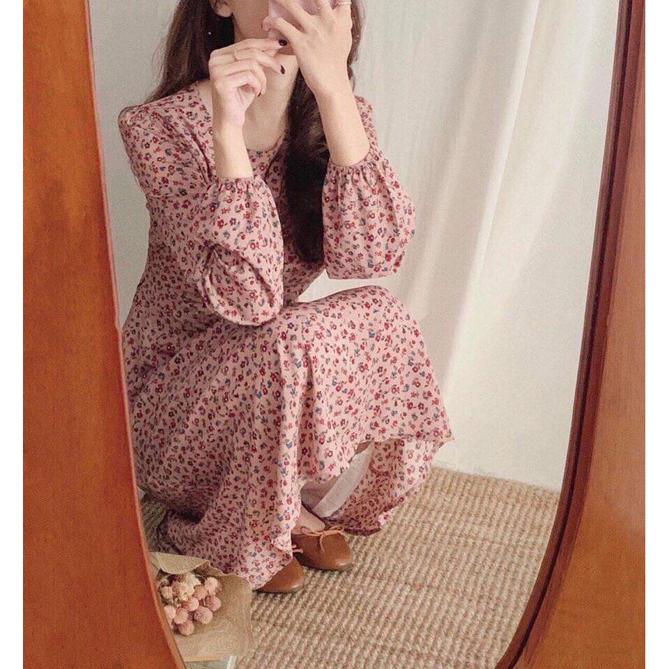 Đầm nữ hoa nhí vintage xinh xắn bánh bèo phối màu nhẹ nhàng Đũi Việt DV25