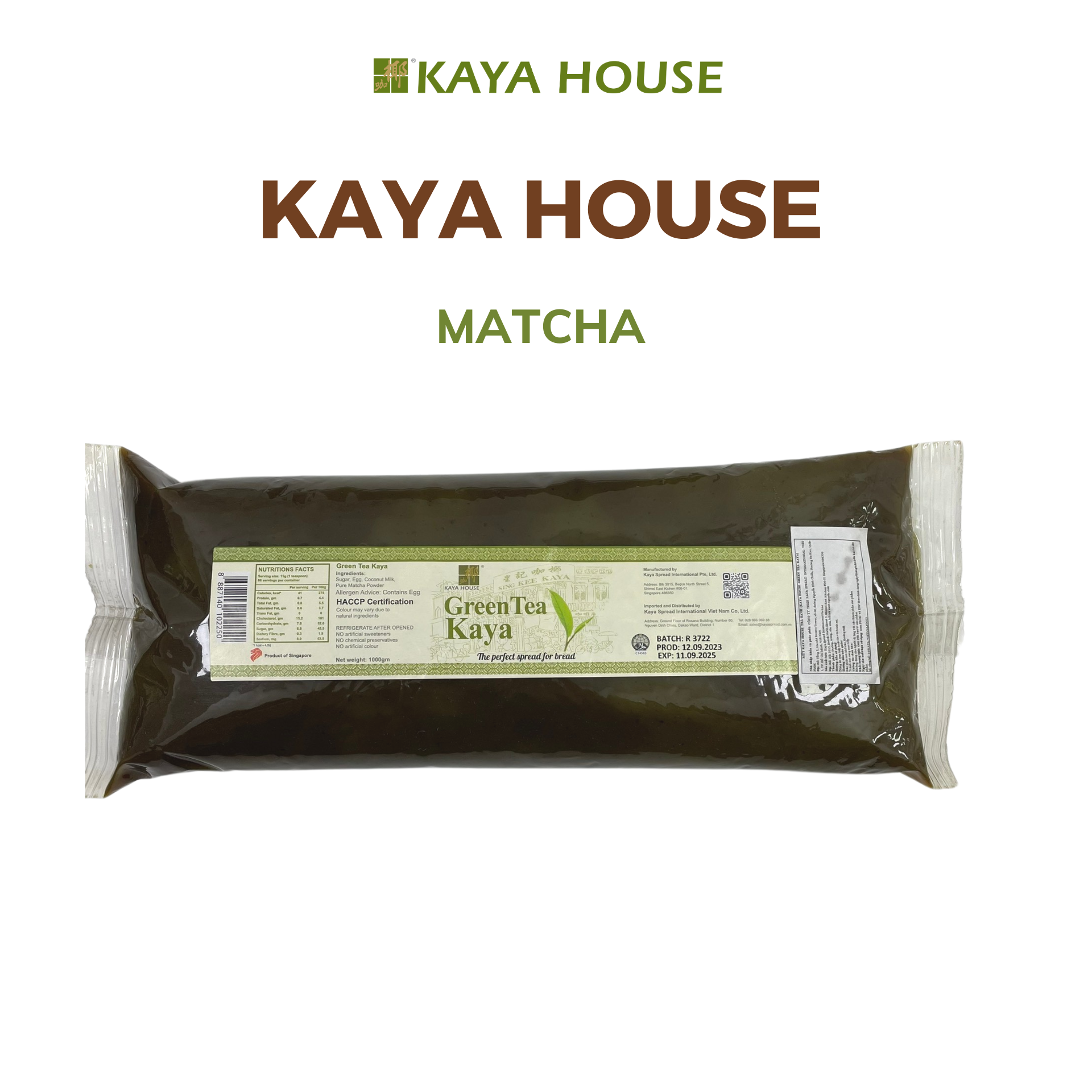 Mứt Kaya Singapore Matcha túi 1000G - Kaya House - Ăn kèm với Sandwich, làm nguyên liệu nấu ăn