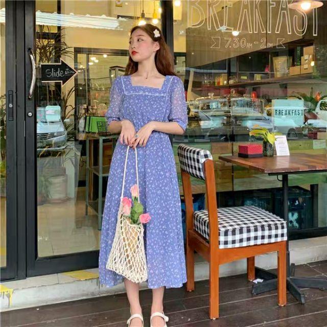Đầm hoa nhí cổ vuông ngắn tay tiểu thư phong cách vintage Hàn Quốc ulzzang