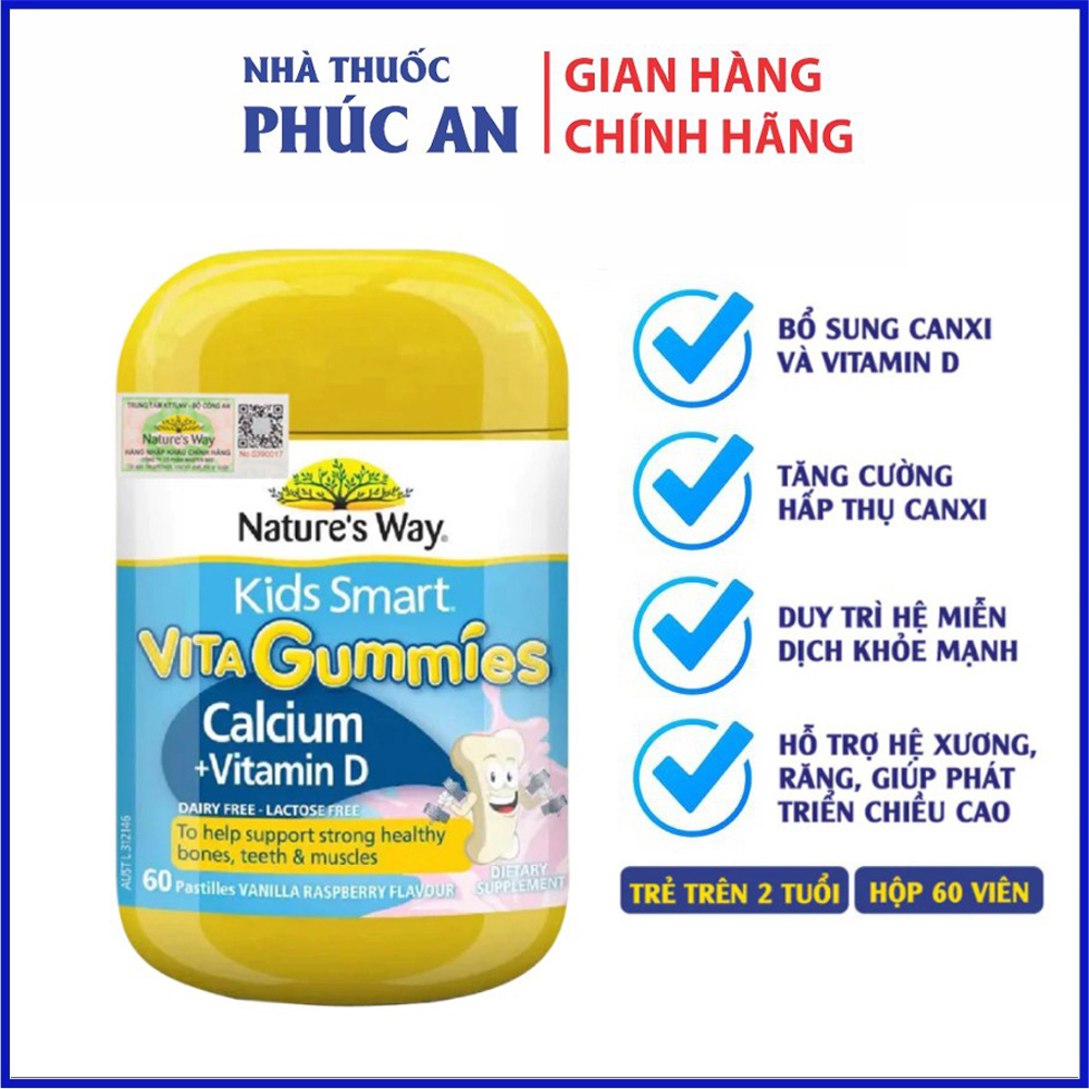 Kẹo dẻo Canxi Vitamin D cho bé Nature’s Way Kids Smart Vita Gummies Calcium + Vitamin D 60 viên phát triển chiều cao