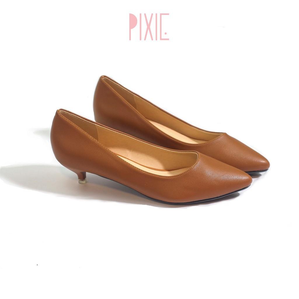 Giày Cao Gót 3cm Mũi Nhọn Gót Nhỏ Trơn Basic Màu Bò Pixie P074
