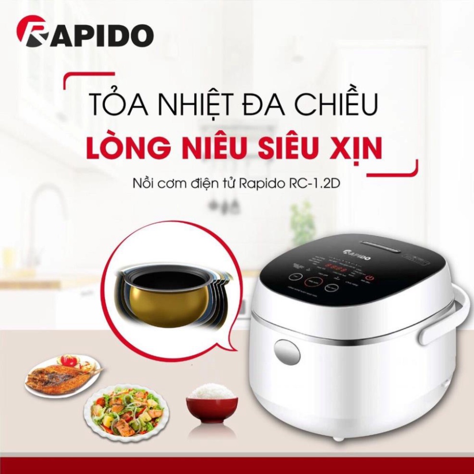 Nồi cơm điện tử Rapido RC-1.2D 500W 1.2L công nghệ nhật bản, 10 chức năng nấu, bảo hành 1 Năm - Hàng chính hãng