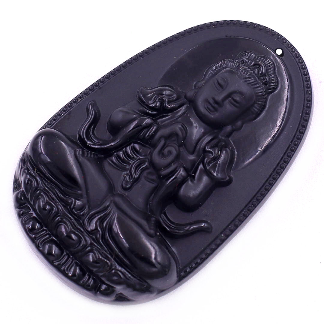 Mặt Phật Đại nhật như lai thạch anh đen 5 cm kèm móc và vòng cổ dây cao su, Mặt Phật bản mệnh size L, mặt dây chuyền Phật