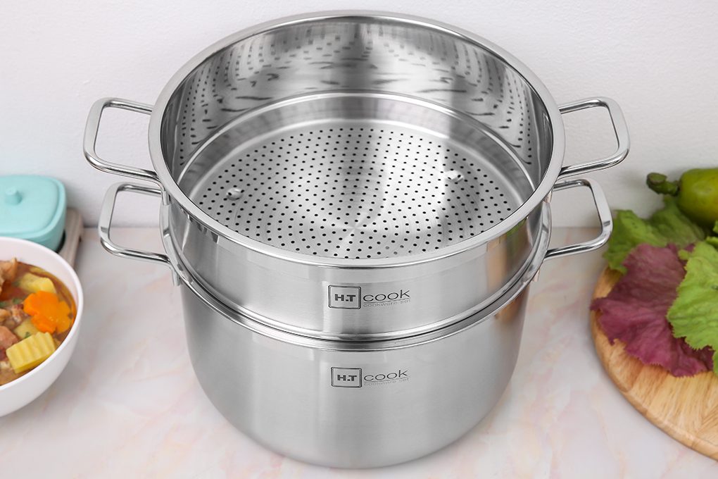 Bộ Nồi Xửng Hấp inox 430 Cao Cáp Fivestar H.T Cook Bếp Từ 1 Đáy Nắp Kính , tặng 1 vá canh 26cm | 28cm | 30cm | 32cm