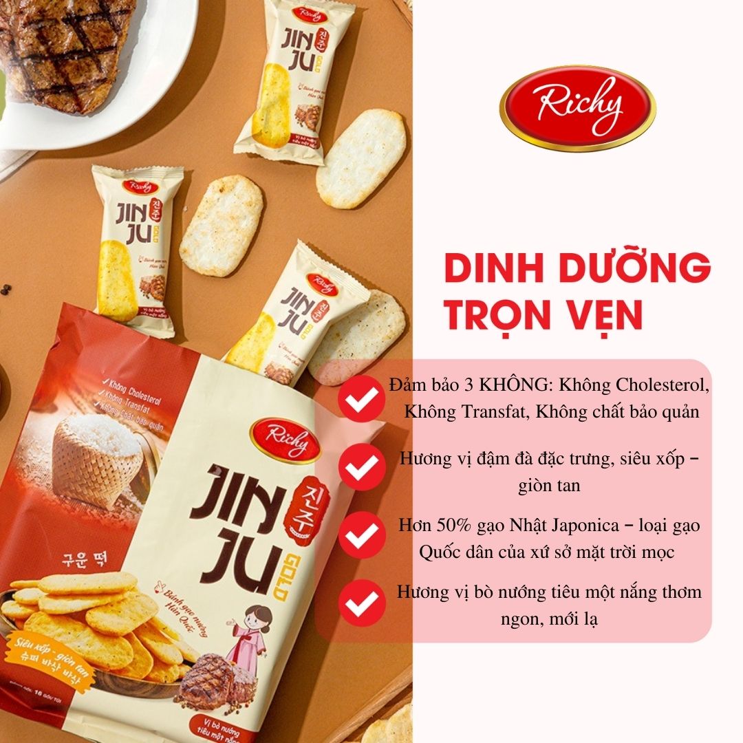 Combo 3 gói Bánh gạo JINJU RICHY vị bò nướng tiêu  gói 134,4g/gói