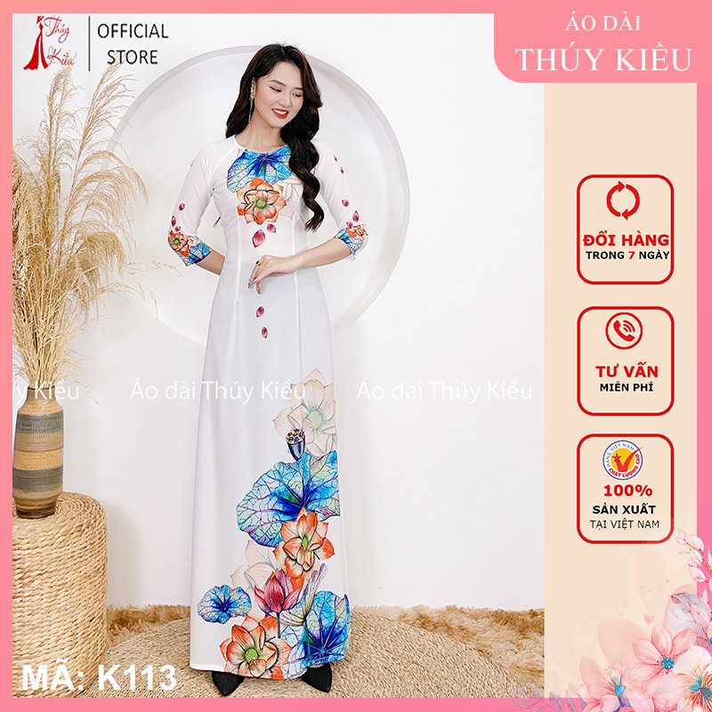 Áo dài Thúy Kiều in 3D lụa Nhật nền trắng in hoa sen K113