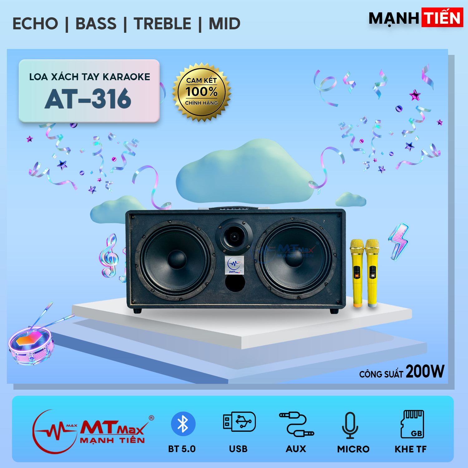 Loa Xách Tay 2 Đường Tiếng AT-316 Pro - Công Suất Lớn 200W, Bass Trầm 20cm. Bluetooth 5.0 Tốc Độ Cao, Đi Kèm 2 Micro Không Dây Đa Năng Hàng Chính Hãng