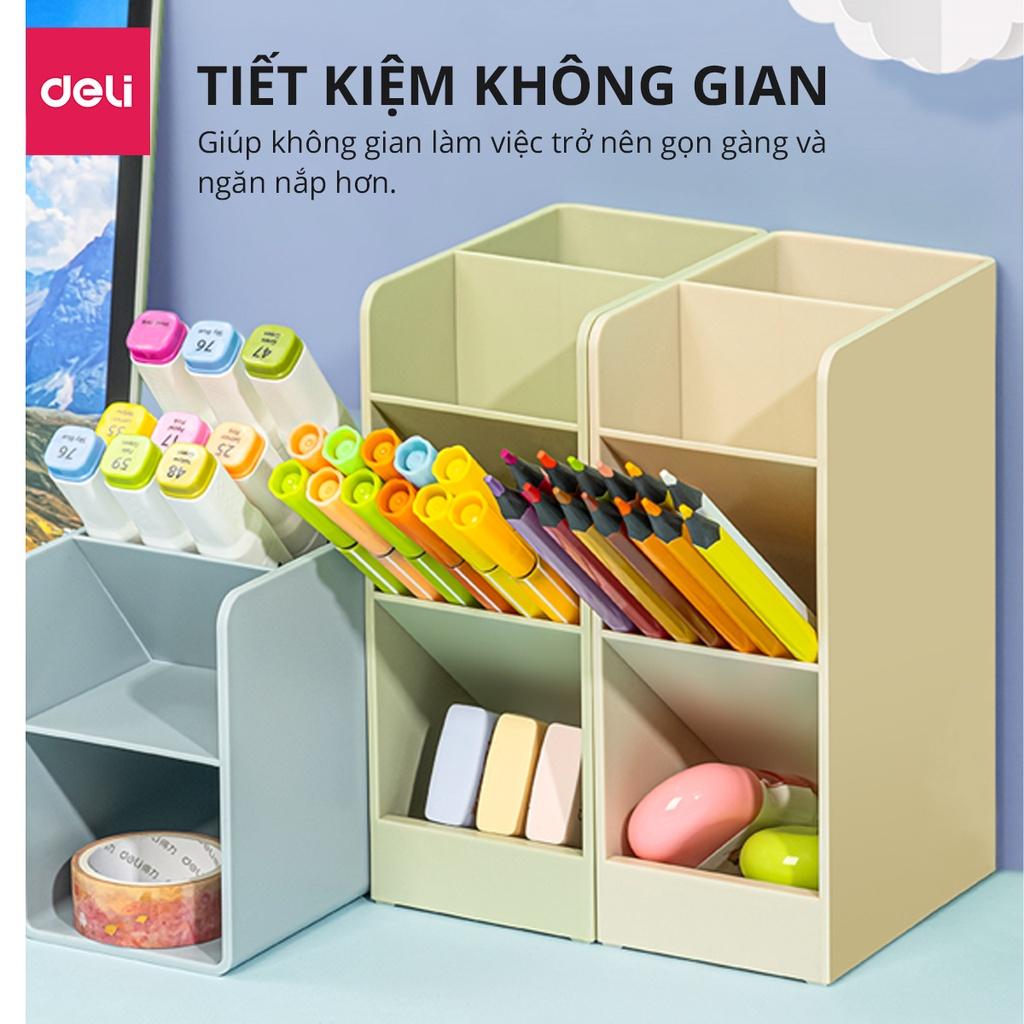 Kệ đựng bút pastel Deli kèm sticker, ống đựng bút 4/5 ngăn basic, hộp cắm bút để bàn nhiều ngăn đa năng 3 màu 3 size