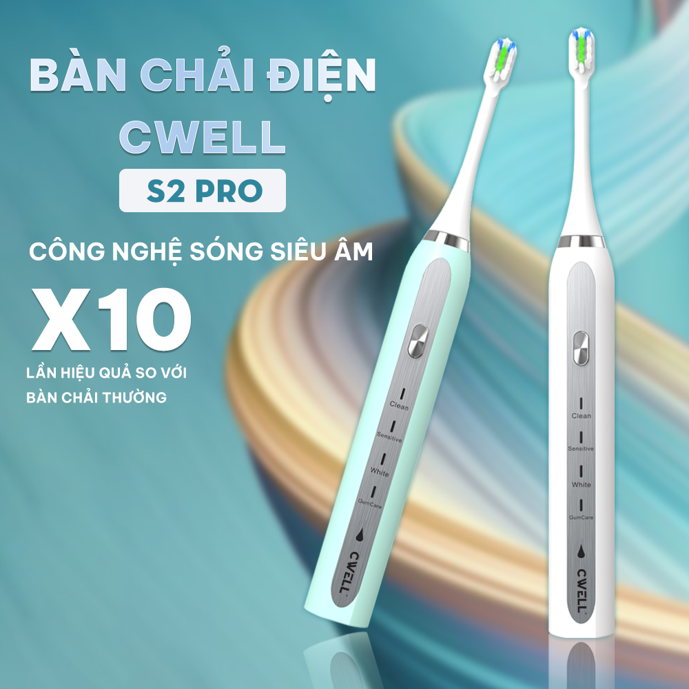 Bàn chải điện CWell S2 Pro chính hãng, công nghệ sóng siêu âm, làm trắng răng,  pin khoẻ dùng 60 ngày, bản nâng cấp 2023