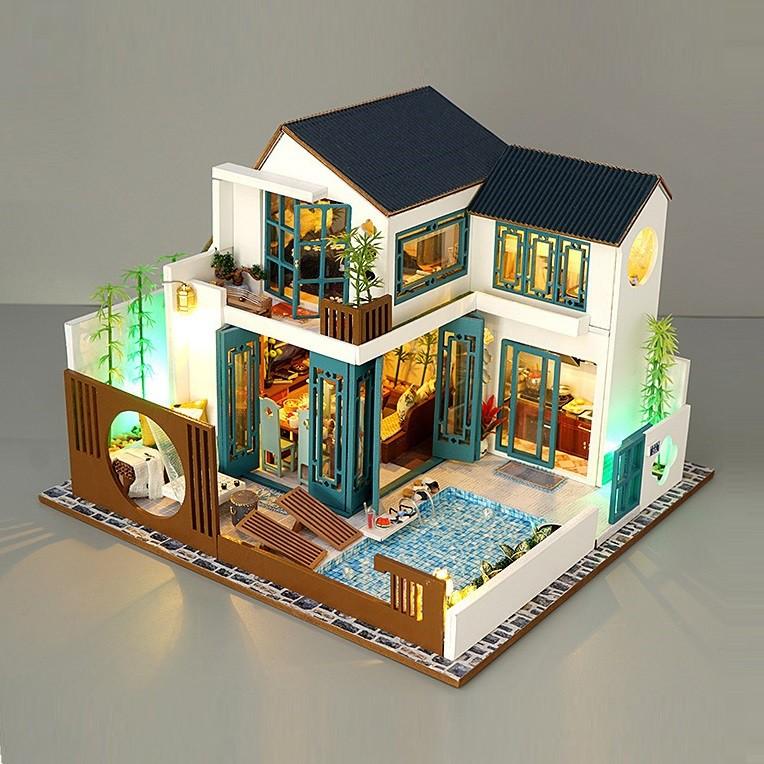 Mô hình nhà DIY Doll House Chinese Happy Restaurant Kèm Hộp nhạc và Mica Chống bụi