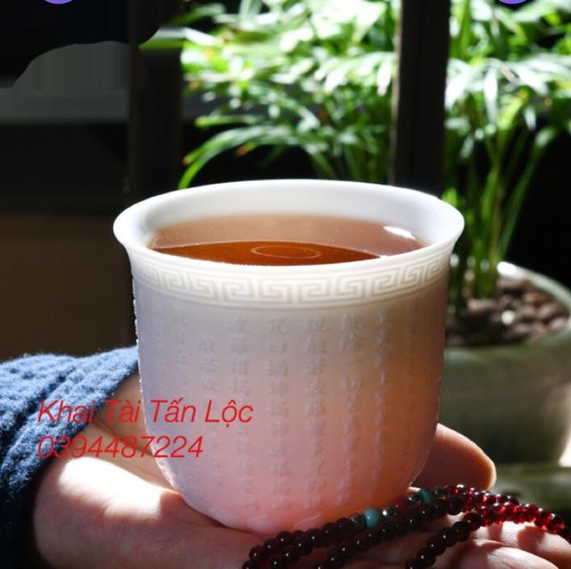 Chén trà , ly trà sứ trắng thấu quang bạch định khắc bát nhã tâm kinh nổi