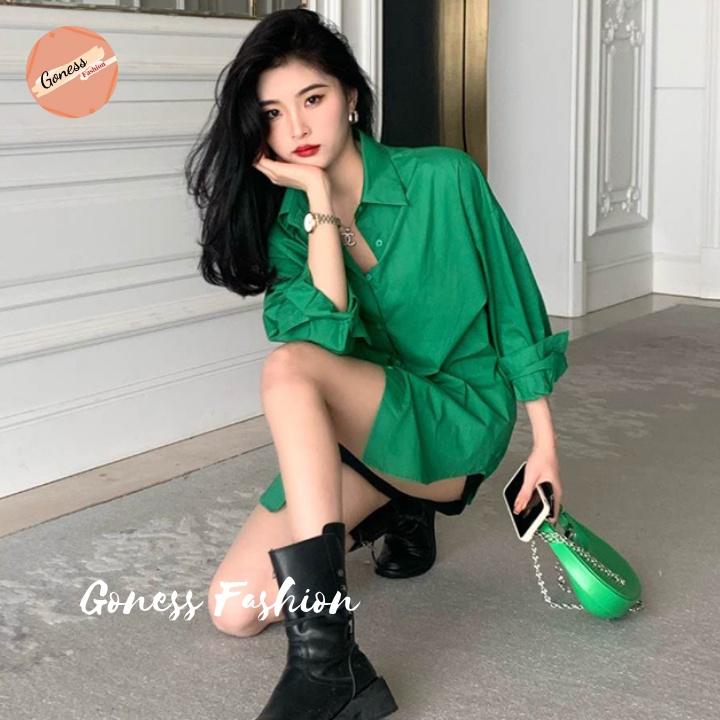 Áo sơ mi nữ Goness dài tay form rộng kiểu sơmi màu xanh trơn đẹp thời trang công sở đi học