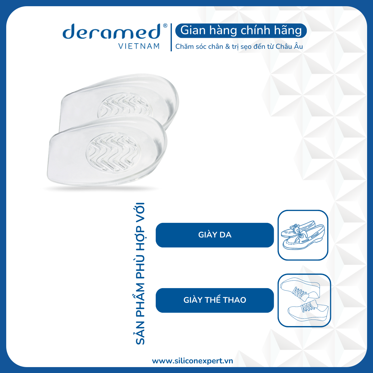 LÓT GÓT GIÀY TRONG SUỐT DERAMED SIÊU ÊM ÁI & CHỐNG ĐAU GÓT CHÂN PHÙ HỢP GIÀY DA, GIÀY THỂ THAO - 1 CẶP CÓ THỂ TÁI SỬ DỤNG - SẢN XUẤT TẠI TÂY BAN NHA