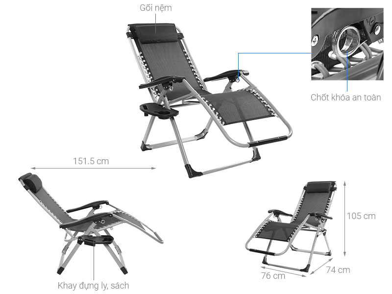 Ghế xếp thư giãn cao cấp kèm đệm Kachi MK232 - Ghế xếp thông minh văn phòng - Trọng tải 300kg