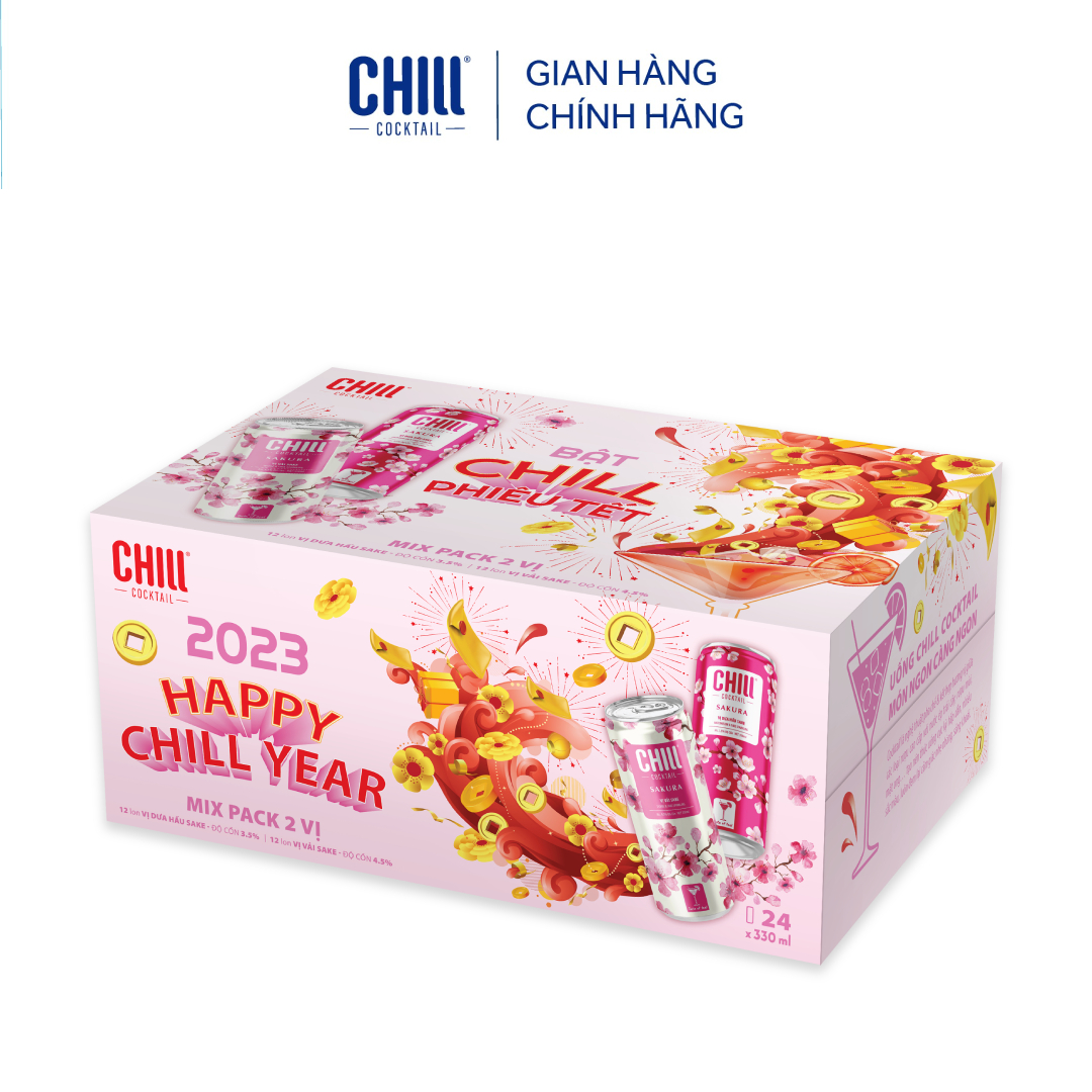 Thùng 24 lon Chill Cocktail Sakura mix vị Vải Sake & Dưa Hấu Sake