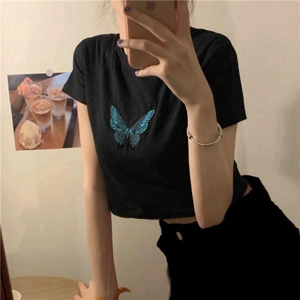 Áo Croptop tay ngắn thêu hình bướm siêu xinh