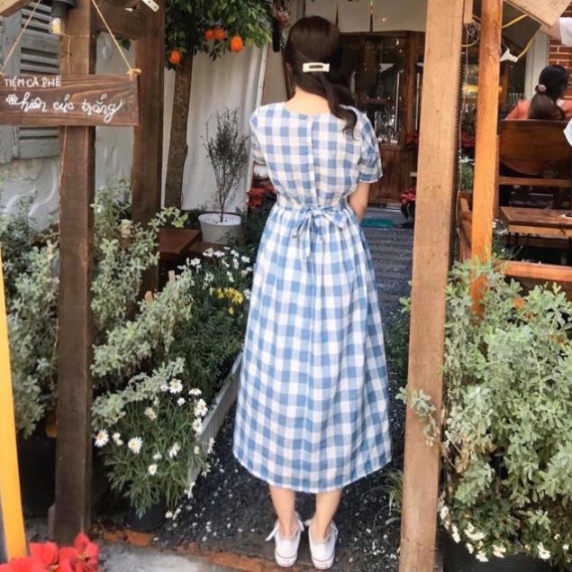X2 Đầm maxi sọc caro xanh đi biển thắt nút sau form dài váy công sở cổ tròn tay ngắn dây eo
