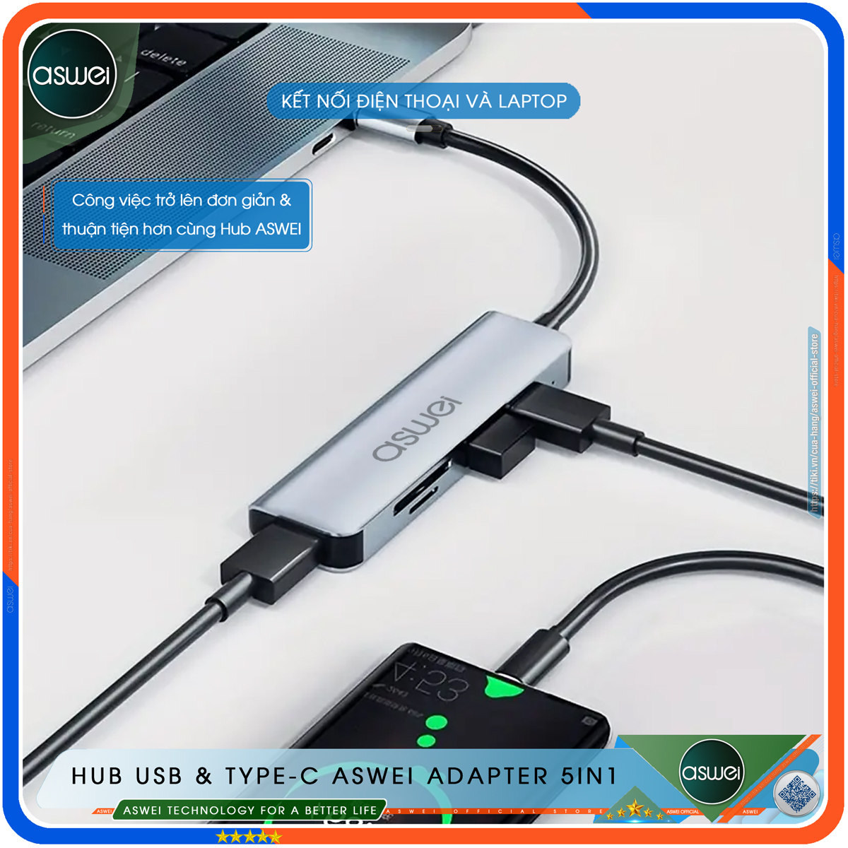 Hub Type C Và Hub USB 3.0 ASWEI Adapter 5in1 - Cổng Chia USB Mở Rộng Kết Nối Tốc Độ Cao Dành Cho Macbook, Laptop, PC - Hub Chuyển Đổi USB Type-C Hỗ Trợ Sạc Pin, Kết Nối Đa Năng ổ Cứng, Bàn Phím, Chuột, Máy In, Ổ Chia USB - Hàng Chính Hãng