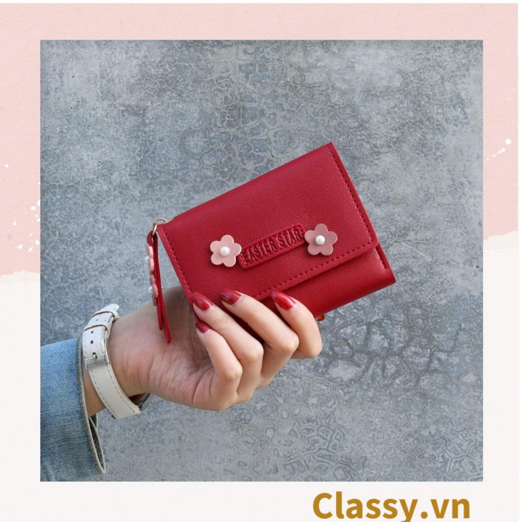 Ví nữ ngắn Classy dạng gập đính hoa, nhiều ngăn đựng thẻ, có nút bấm T1307