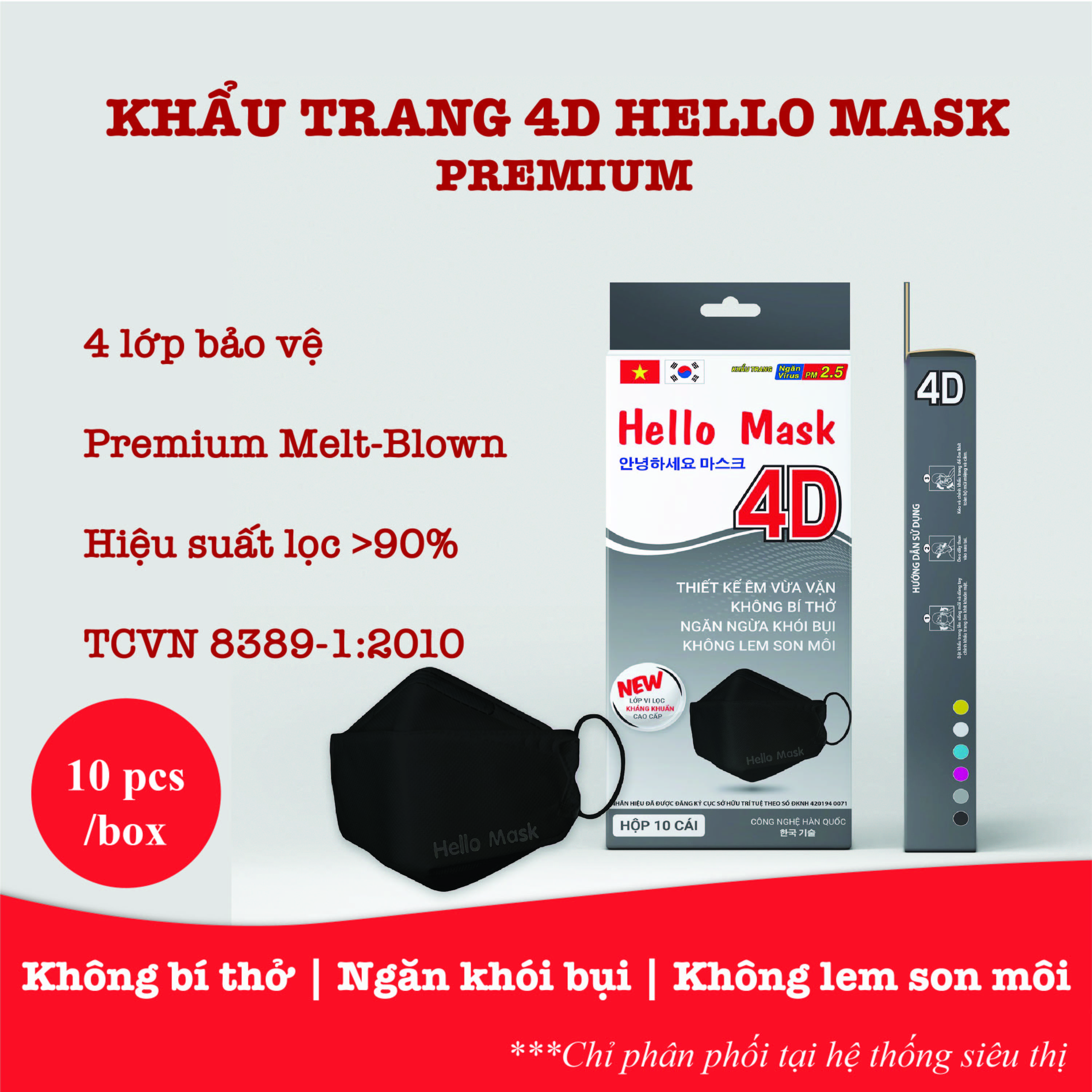 khẩu trang 4D Hello Mask - Màu Đen - Hộp 10 cái
