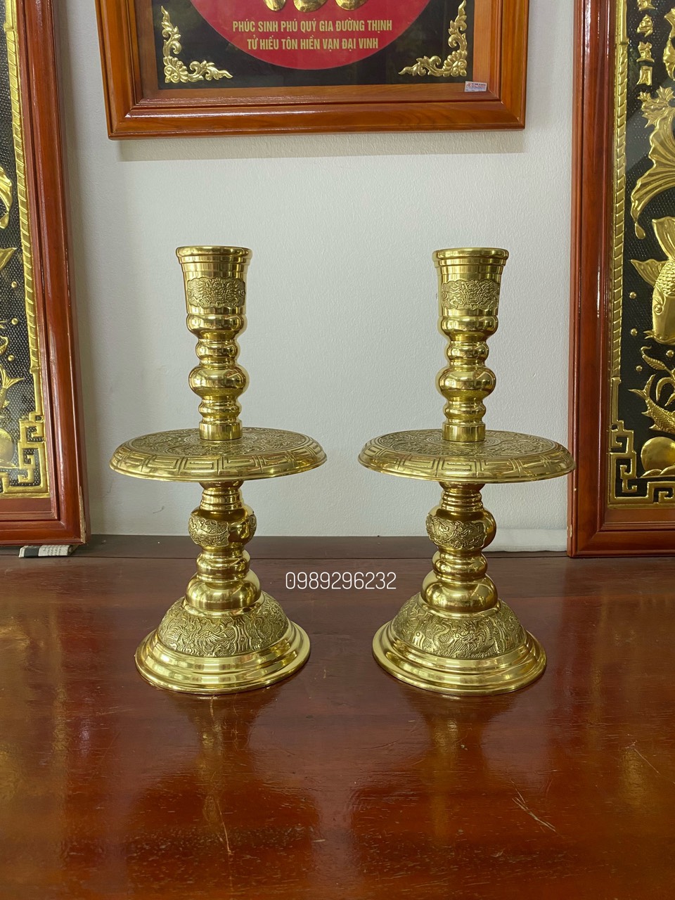 Đôi chân đèn nến cao 41cm đồ thờ phụng cao cấp bằng đồng thau - Chân nến s3