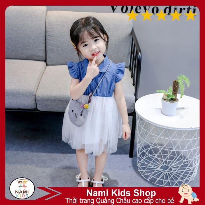 [300:H9] Váy bé gái chất denim phối voan tặng phụ kiện túi thỏ cute cho bé