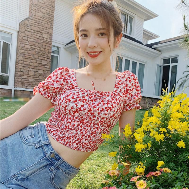 Áo Kiểu Nữ Cổ Vuông Tay Phồng In Hình Bướm Gợi Cảm