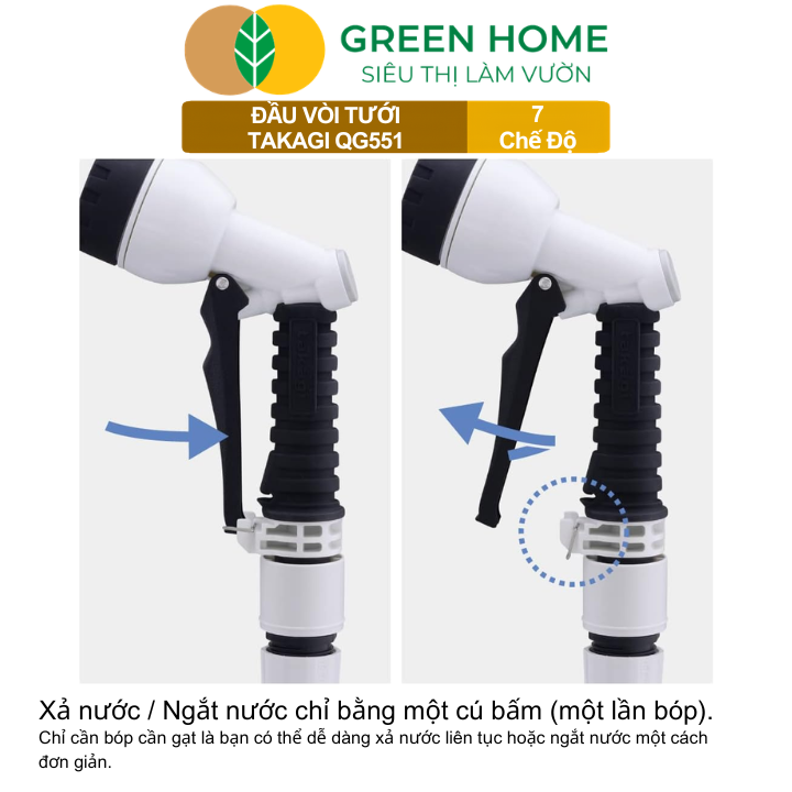 Đầu Vòi Tưới Takagi QG551 Nhật Bản GreenHome, 7 Chế Độ Phun, Chất Liệu Cao Cấp, Tưới Và Rửa Đa Năng
