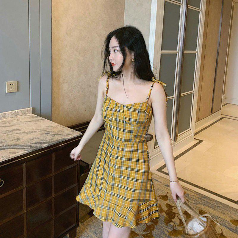 Đầm 2 Dây Caro Màu Vàng Cực Xinh ảnh thật