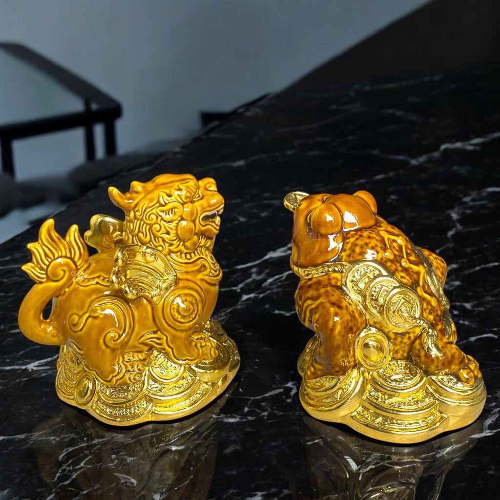 Cóc tỳ gốm nâu vàng dát vàng RỒNG VIỆT- Thiềm thừ, tỳ hưu phong thủy trang trí cho bàn thờ Thần Tài