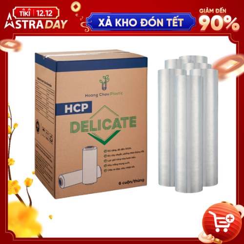 Cuộn Pe Quấn Hàng Delicate HOÀNG CHÂU PLASTIC Khổ 16mic x 500mm x 2.65kg Bám Dính Được Trên Nhiều Bề Mặt Như Kim Loại, Nhựa, Gỗ