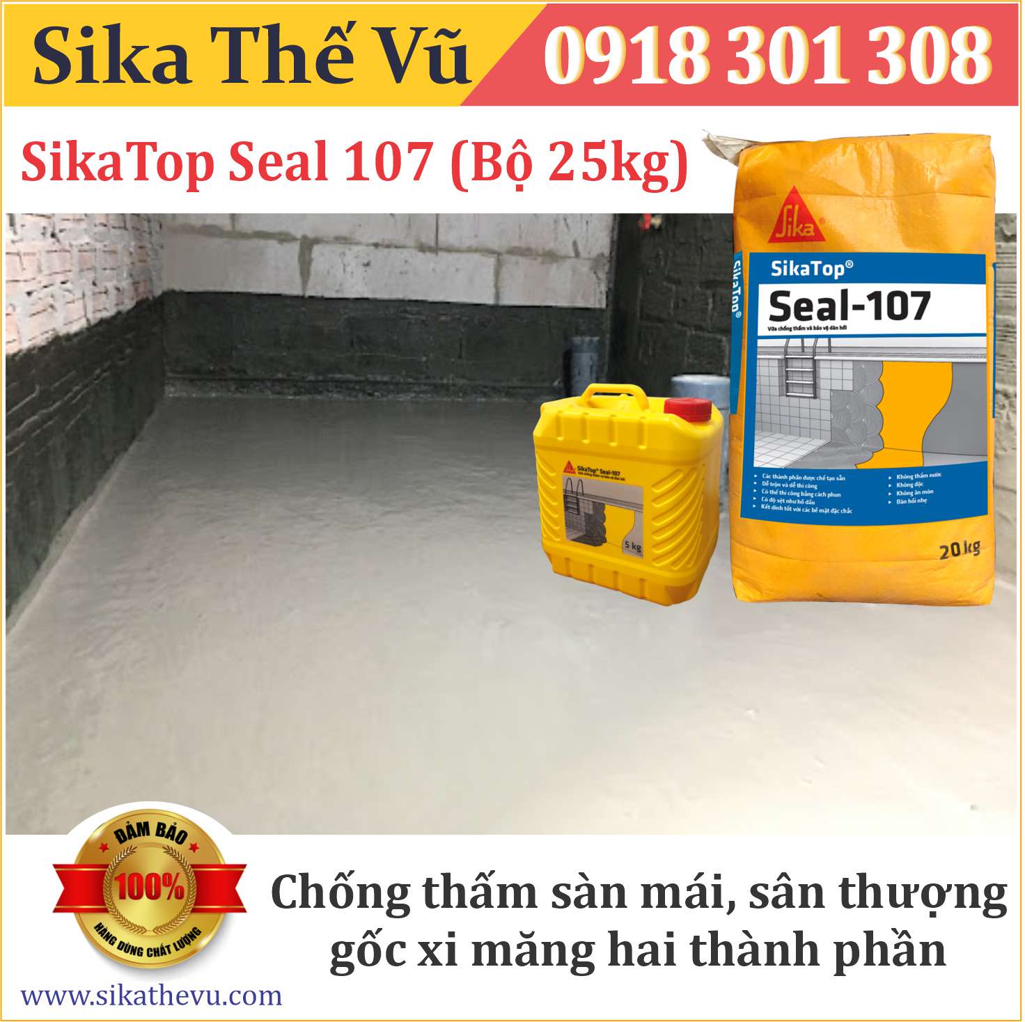 Chống thấm sàn mái, sân thượng gốc xi măng hai thành phần - SikaTop Seal 107 (bộ 25kg)