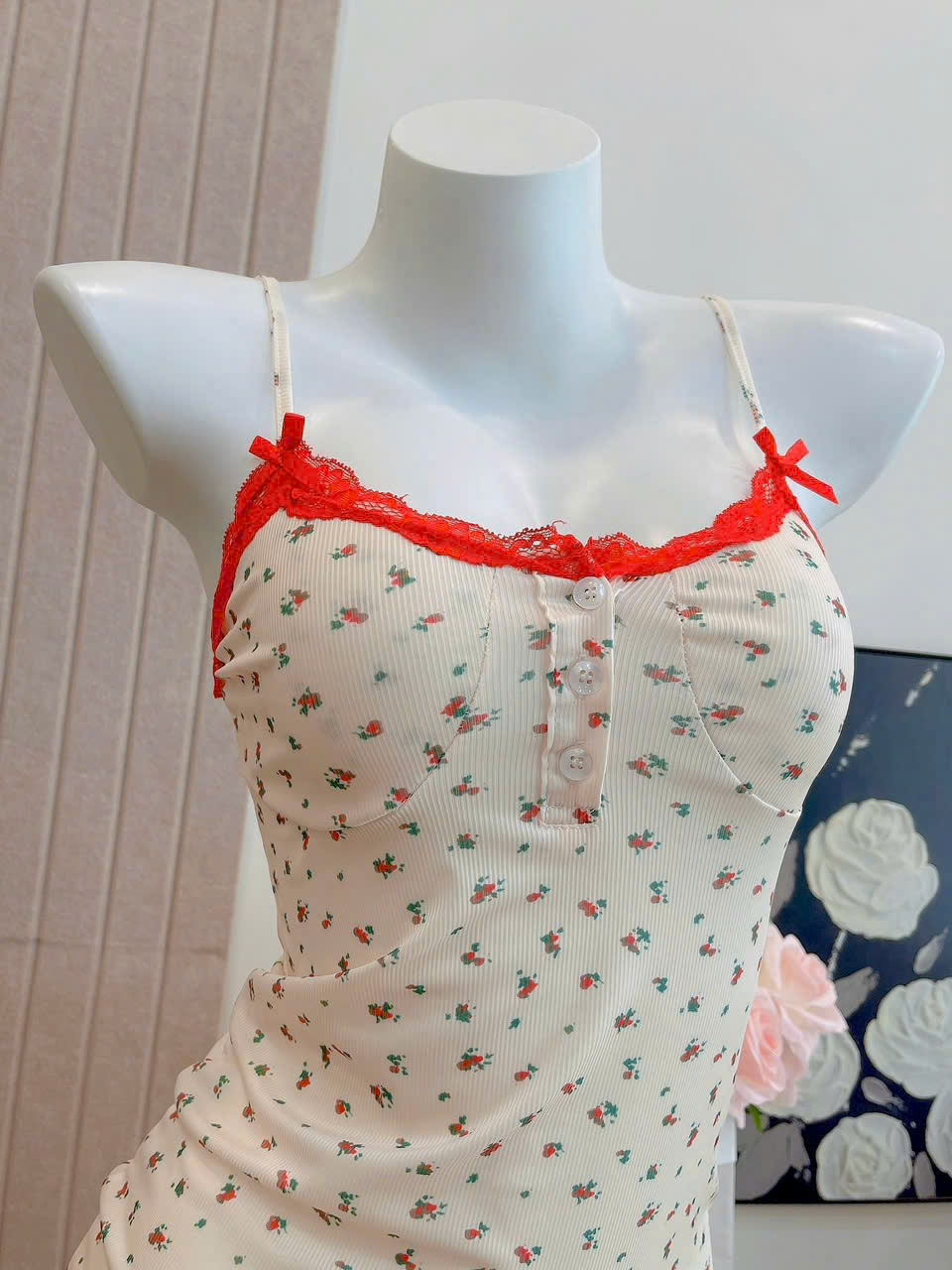 Váy Ngủ Hoa Nhí Thun Gân Mềm Mại Kèm Mút Ôm Body
