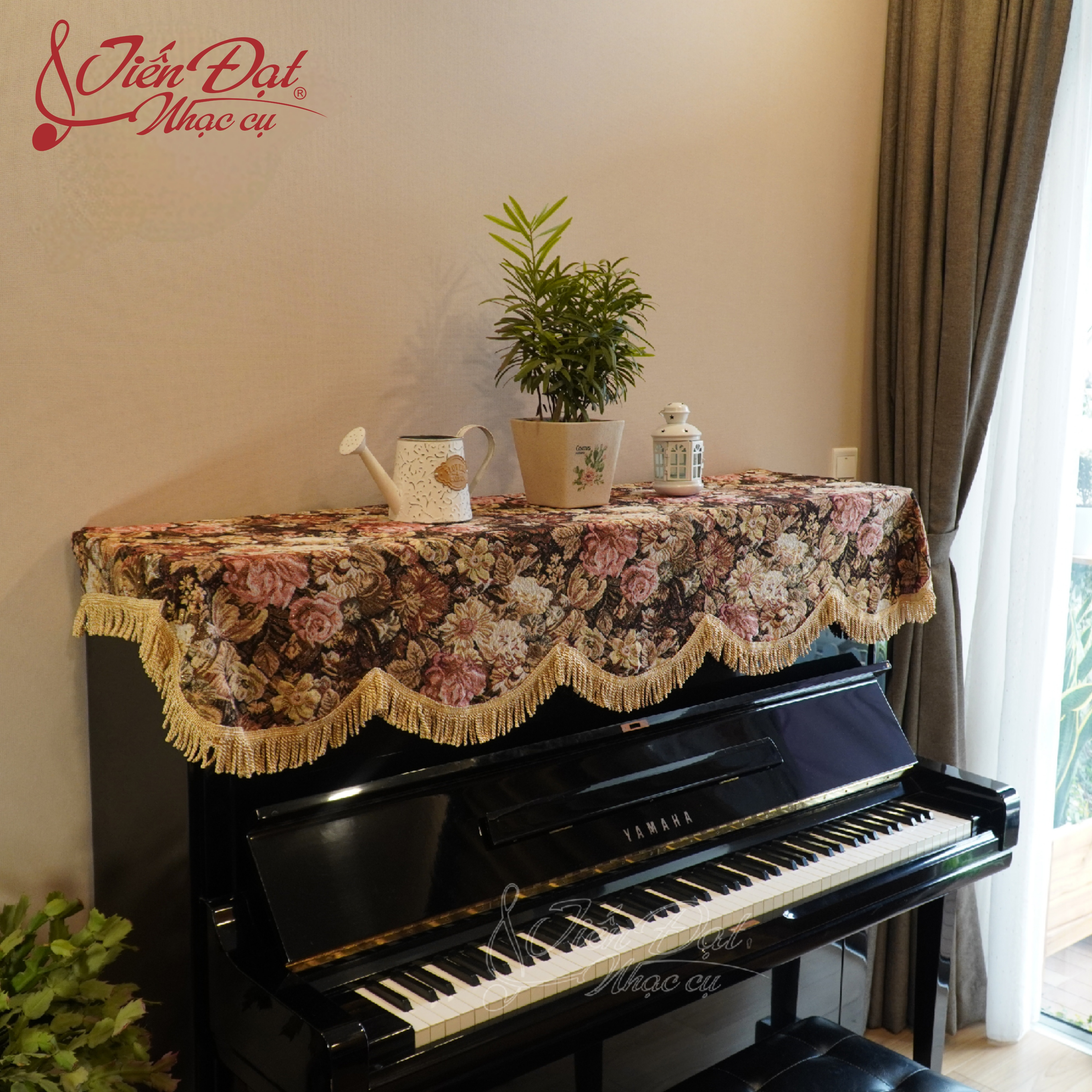 Khăn Phủ Nắp Đàn Piano Họa Tiết Hoa Hồng Nâu Vàng KU09