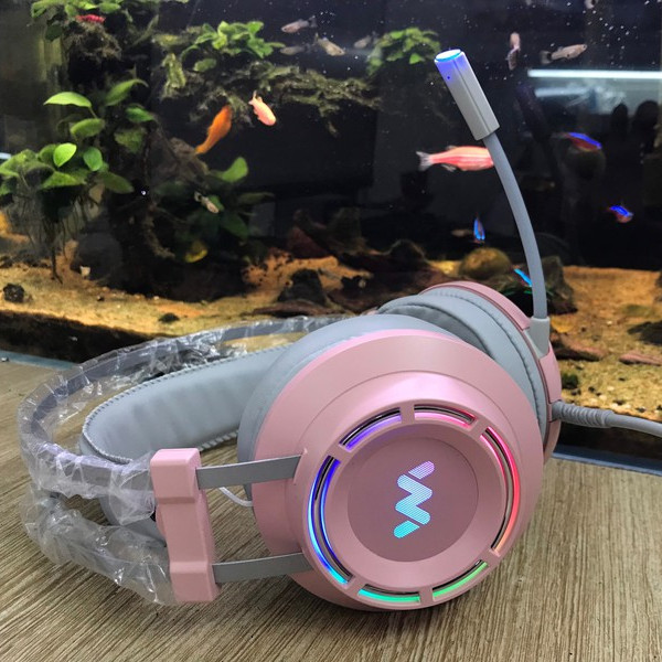 Tai nghe chụp tai chuyên game Wangming 9800S Pink Âm Thanh 7.1 - Led RGB - Jack Cắm USB - Hàng chính hãng