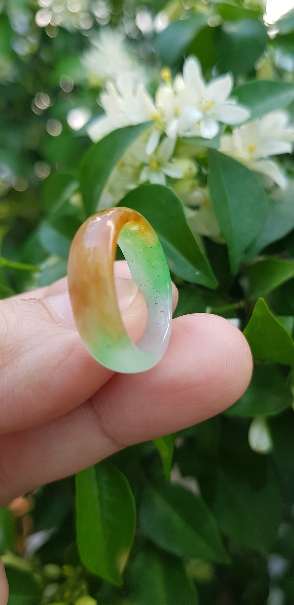 Nhẫn đeo tay nữ đá cẩm thạch tự nhiên Màu Vàng xanh trắng bóng đẹp Nhẫn Ni 17mm x cao 6mm x dầy 2,2mm ạ