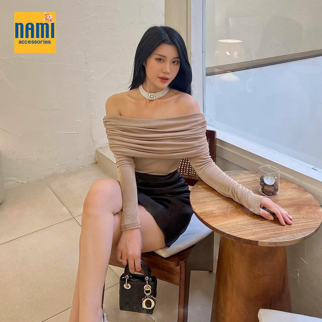 Áo thun dệt kim trễ vai tay dài nhúng cách điệu Nanami thích hợp đi tiệc phong cách sang trọng nổi bật - ATNU061