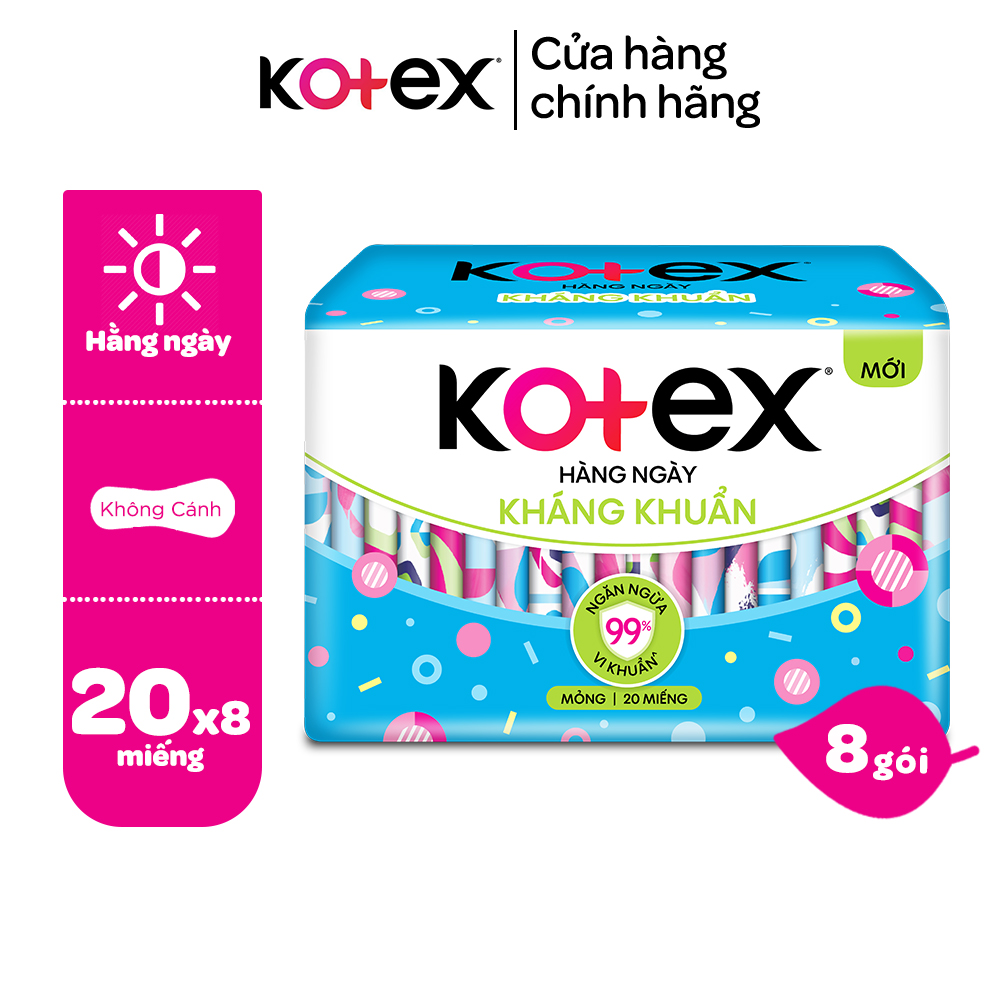 Combo 8 gói băng vệ sinh Kotex hằng ngày kháng khuẩn 20 miếng