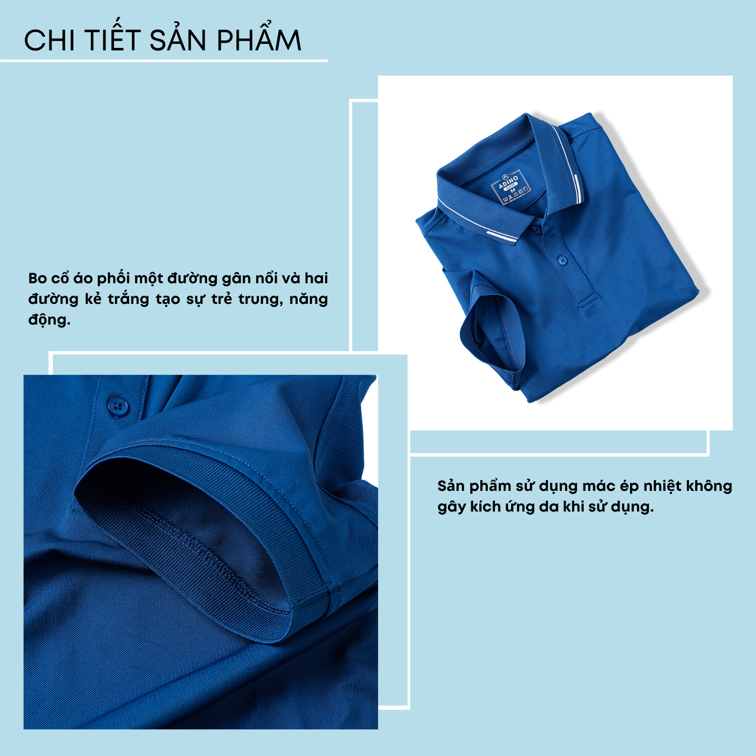 Áo thun có cổ nam màu xanh dương phối viền ADINO vải polyester cotton mềm mịn dáng slimfit công sở trẻ trung AP96