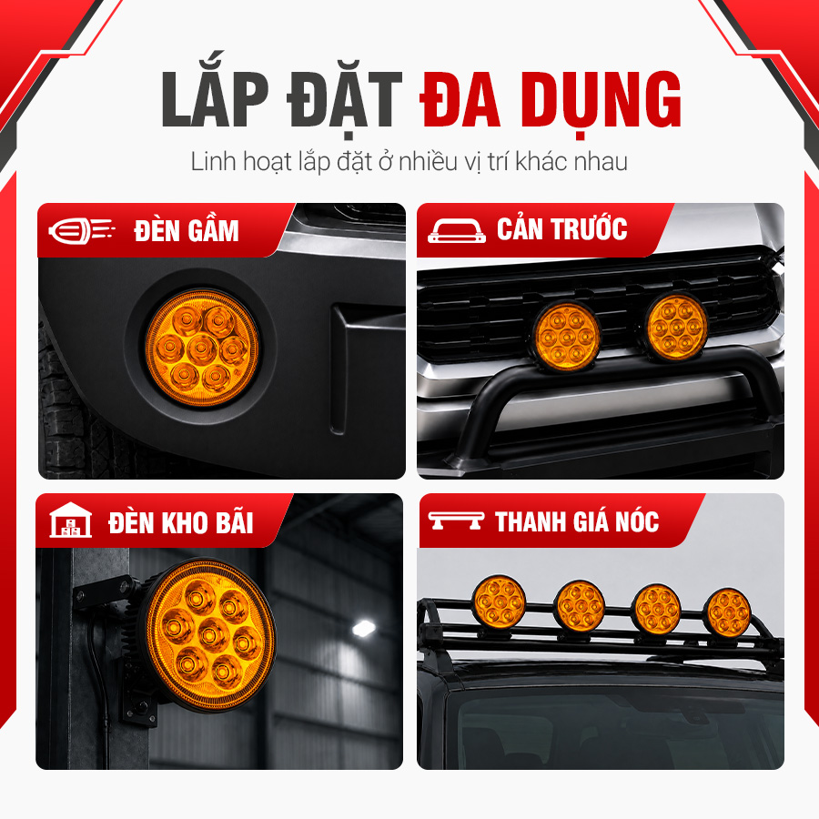 Đèn LED Trợ Sáng Tròn Viair 7 Bóng Vàng 12-30V
