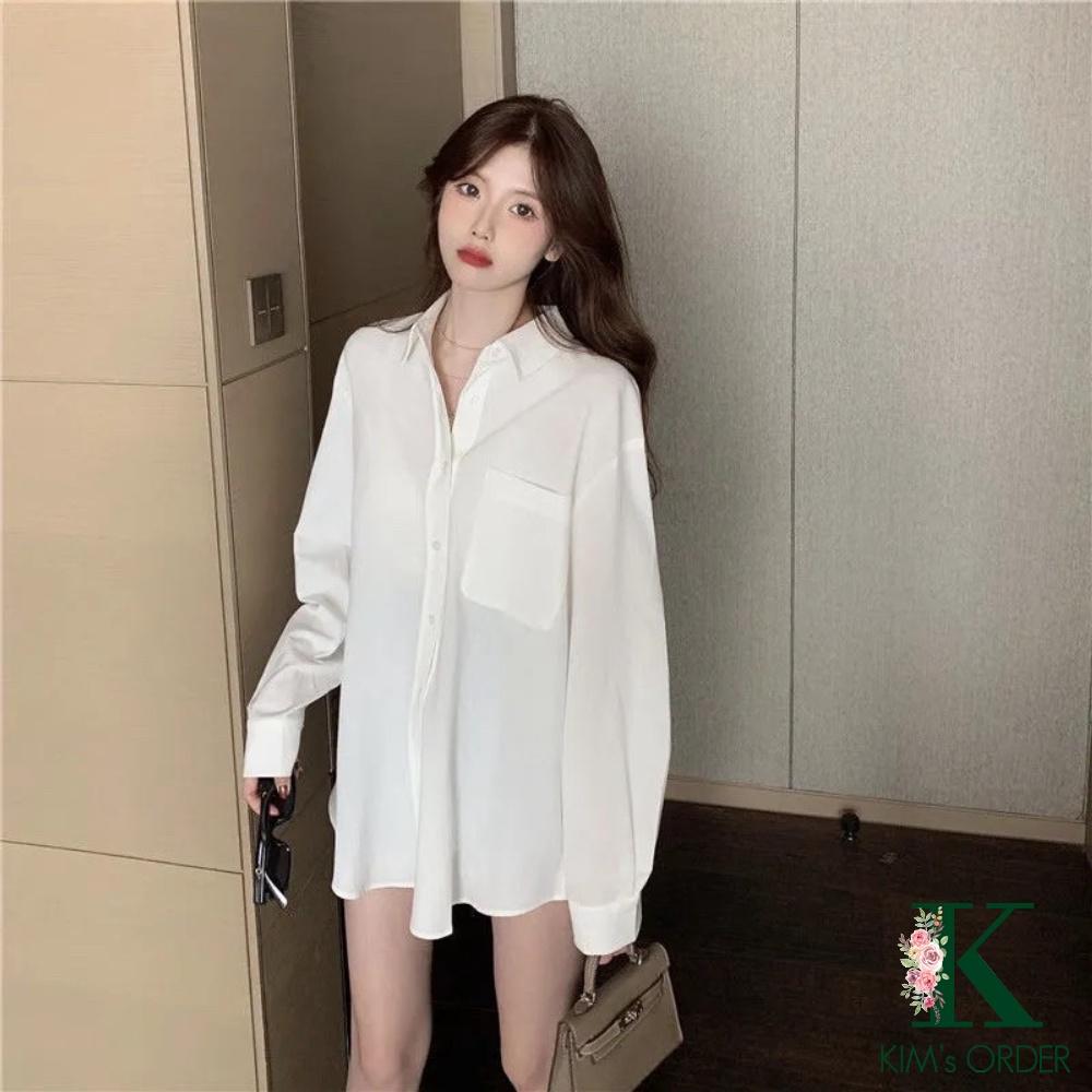 Áo sơ mi nữ màu trắng cổ sơ mi dài tay phom rộng chất mềm mịn loại 1 basic style Hàn Quốc đi học đi làm đủ size
