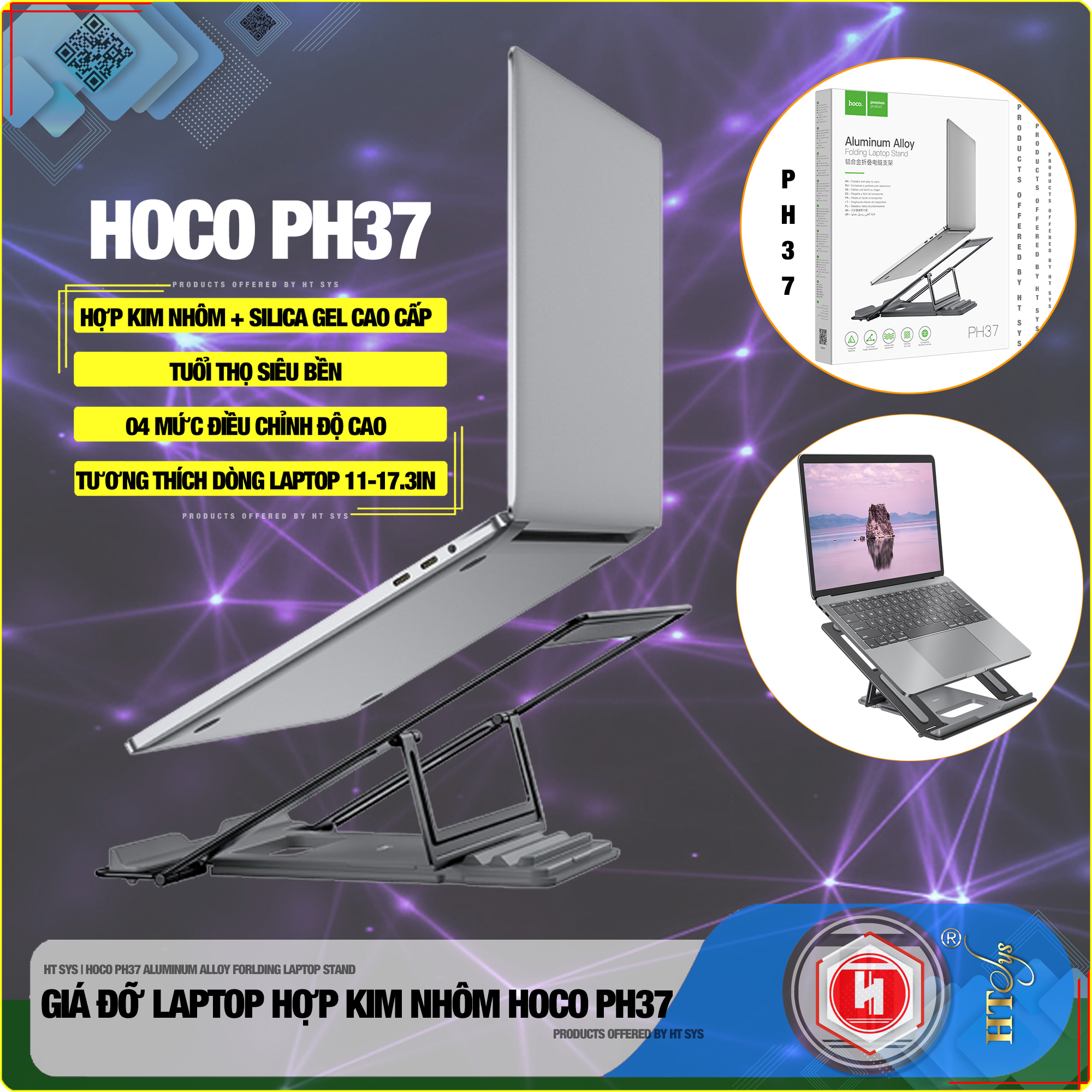 Giá đỡ laptop gấp gọn HT SYS hoco PH37 ALUMINUM alloy  FORLDING laptop STAND - Hợp kim nhôm cao cấp - Đế tản nhiệt laptop, macbook, máy tính xách tay - 04 Chế độ điều chỉnh góc độ - Phù hợp cho máy 11-17.3 inch - [ Hàng Nhập Khẩu ]
