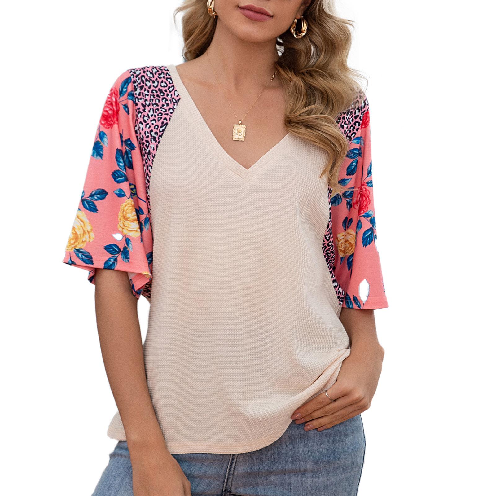 Women Short Sleeve T-shirt Waffle Knit V Neck Floral Leopard Print Splicing Loose Pullover Casual Summer Tops