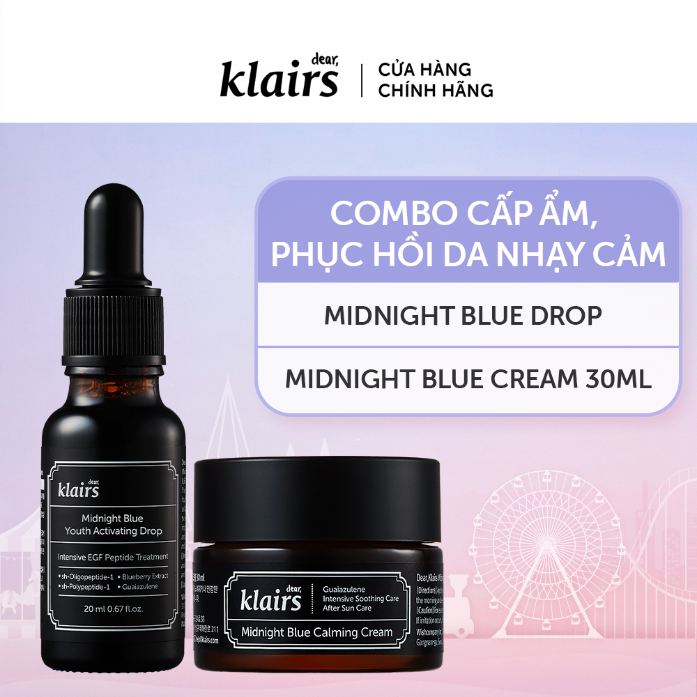 Combo Dear, Klairs tinh chất Midnight Blue Youth Activating Drop 20ml + Kem dưỡng Midnight Blue Calming Crem 30ml