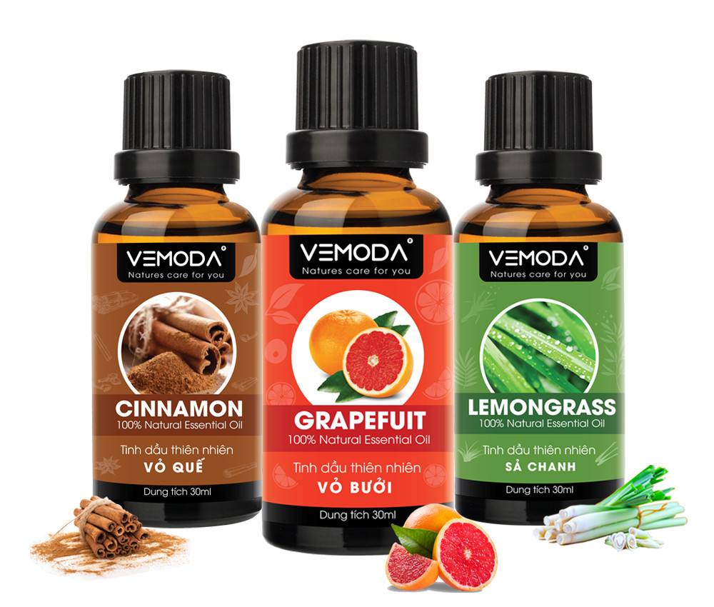 Tinh dầu xông phòng, combo thư giãn cao cấp gồm 3 chai tinh dầu nguyên chất: tinh dầu Vỏ bưởi HG + tinh dầu Sả chanh + tinh dầu Vỏ quế Vemoda