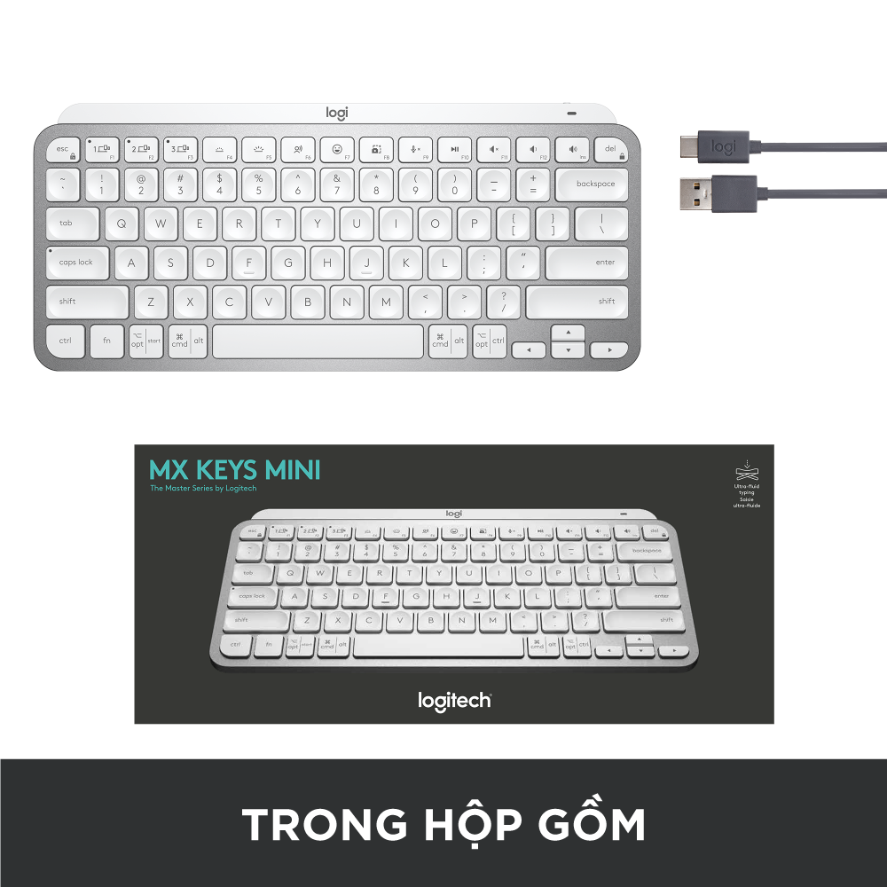 Bàn phím không dây Bluetooth Logitech MX Keys Mini - Nhỏ gọn, Phím tắt thông minh, Có bản cho Mac - Trắng xám - Hàng chính hãng