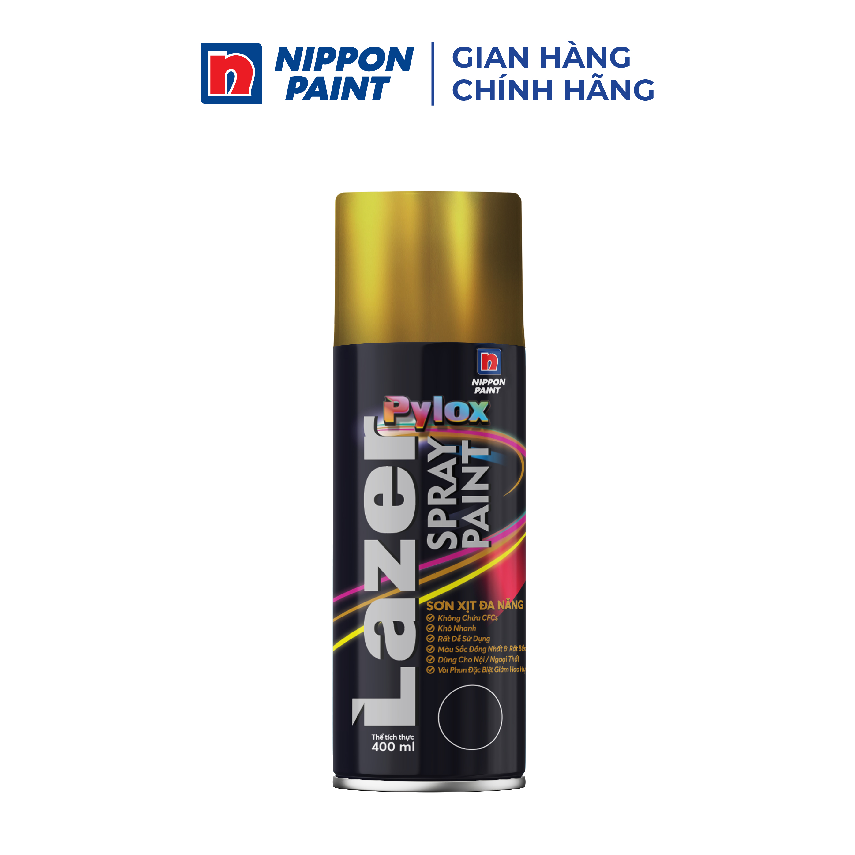 Sơn xịt đa năng Pylox Lazer Màu đặc biệt xi mạ vàng - R-3049 BRIGHT GOLD- Chính hãng NIPPON PAINT - Dung tích 400ml