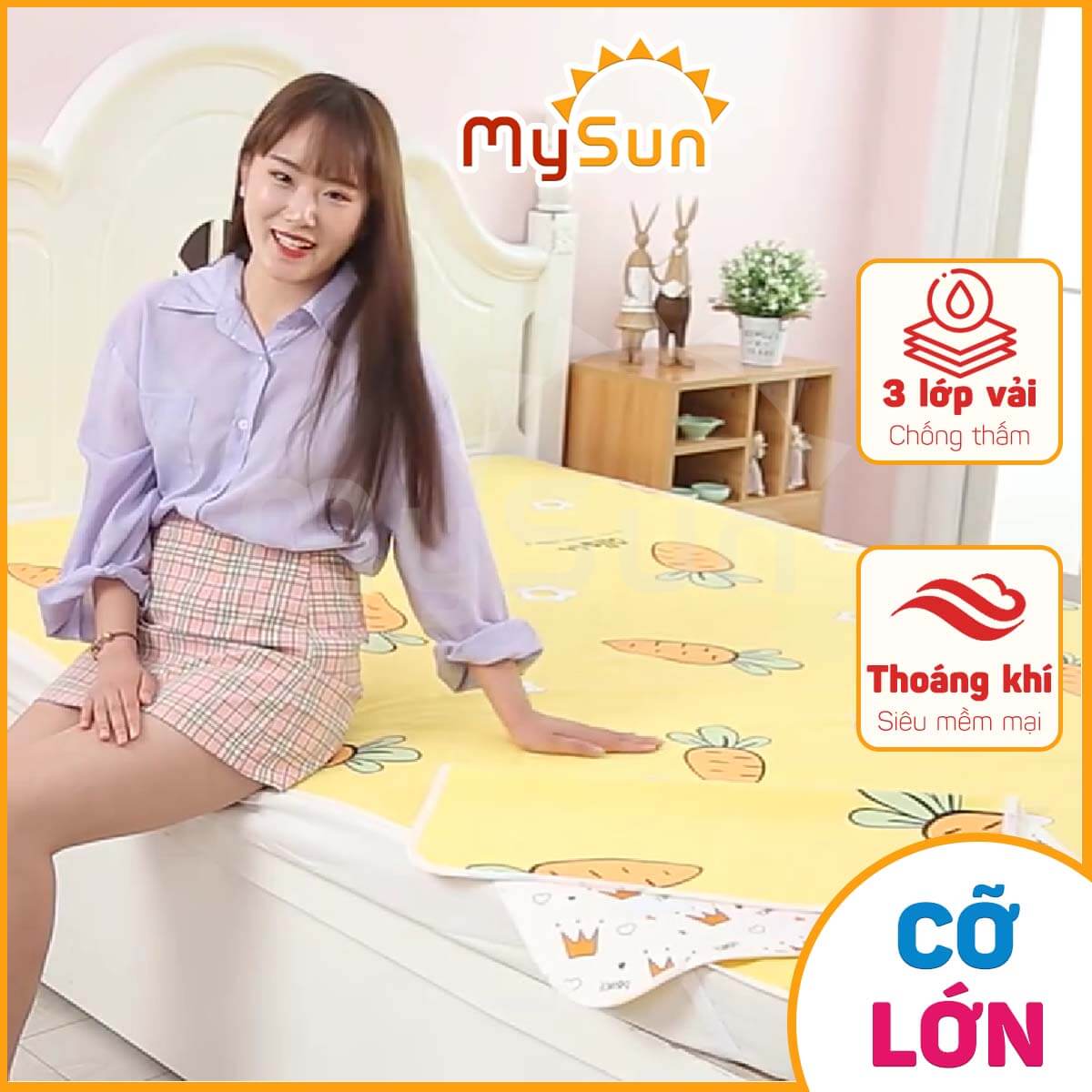 Tấm miếng lót chống thấm cho bé sơ sinh thay bỉm trải thảm nệm giường cũi 4d 4 lớp size cỡ lớn MySun